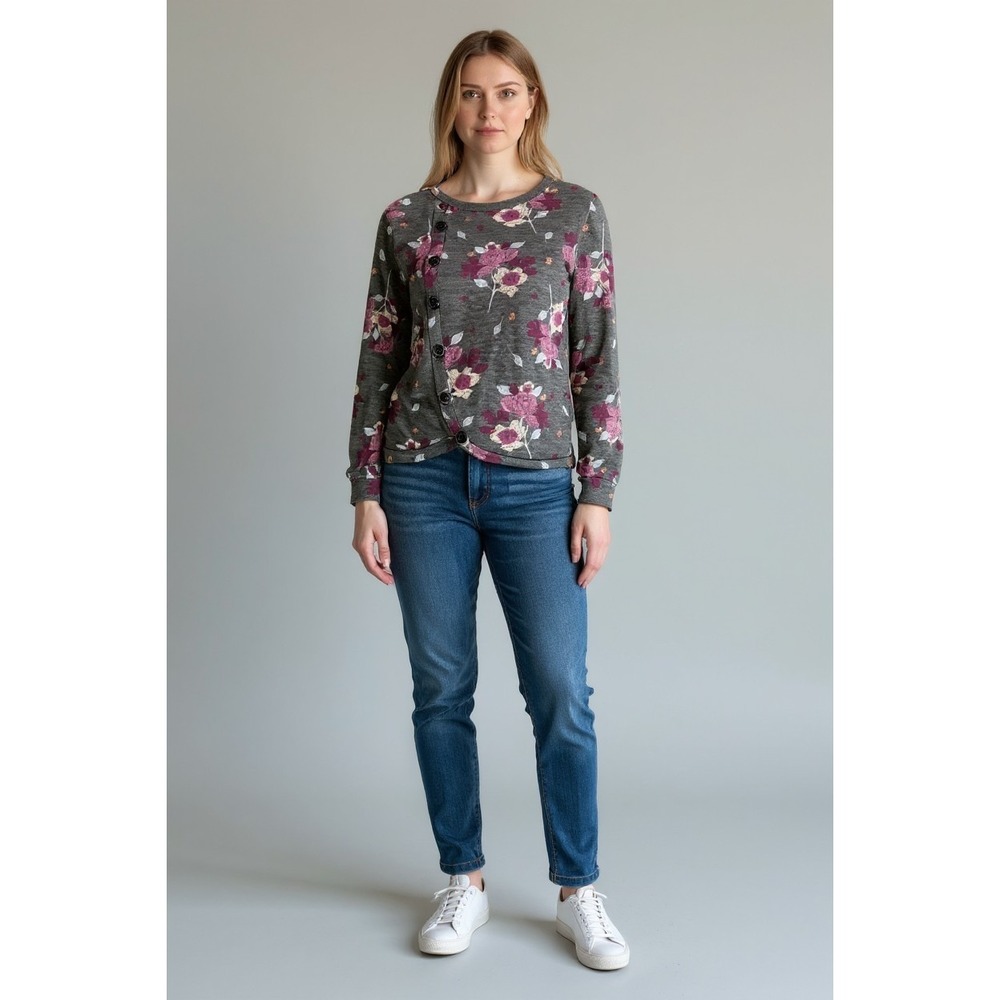 Maurices Women's L Gray Floral Long Sleeve Stretch Knit Asym Button Front Top